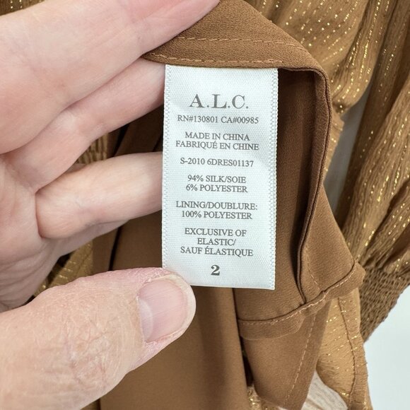 ALC SILVIE dress smocked long sleeve sheer metallic stripe silk butterscotch 2 - Picture 9 of 9
